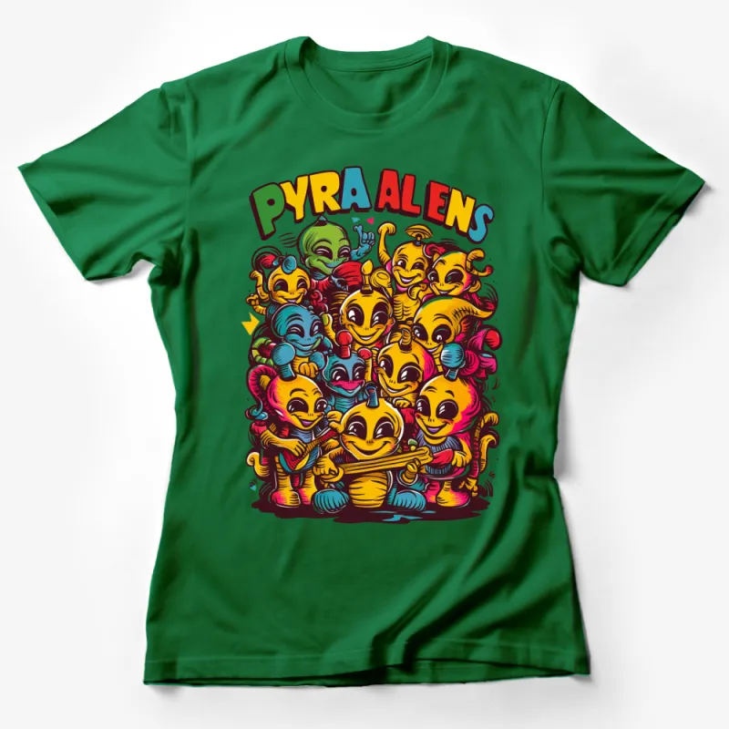 Colorful PyrAliens Cartoon T-Shirt, Fun Alien Characters Graphic Tee, Unisex Kids and Adults Female T-Shirt