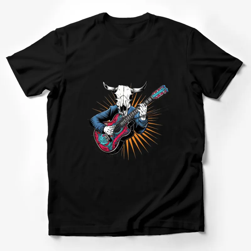 Bull Skull Graphic T-Shirt with Guitar, Rock and Roll Music Lover Tee, Unisex Shirt Male T-Shirt