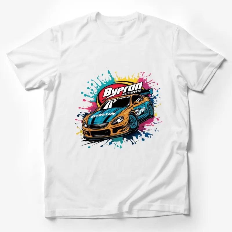 Vibrant Byron Motorsports Racing Car Graphic T-Shirt, Colorful Sports Car Tee Male T-Shirt