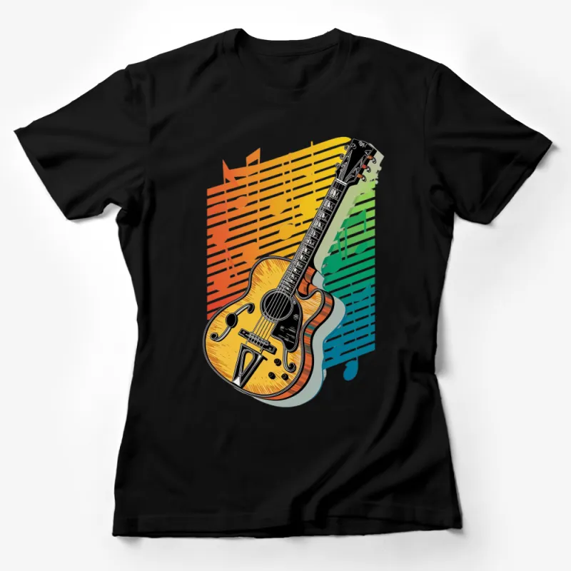 Colorful Guitar Print T-Shirt, Music Lover Graphic Tee, Vibrant Multi-color Instrument Design Female T-Shirt