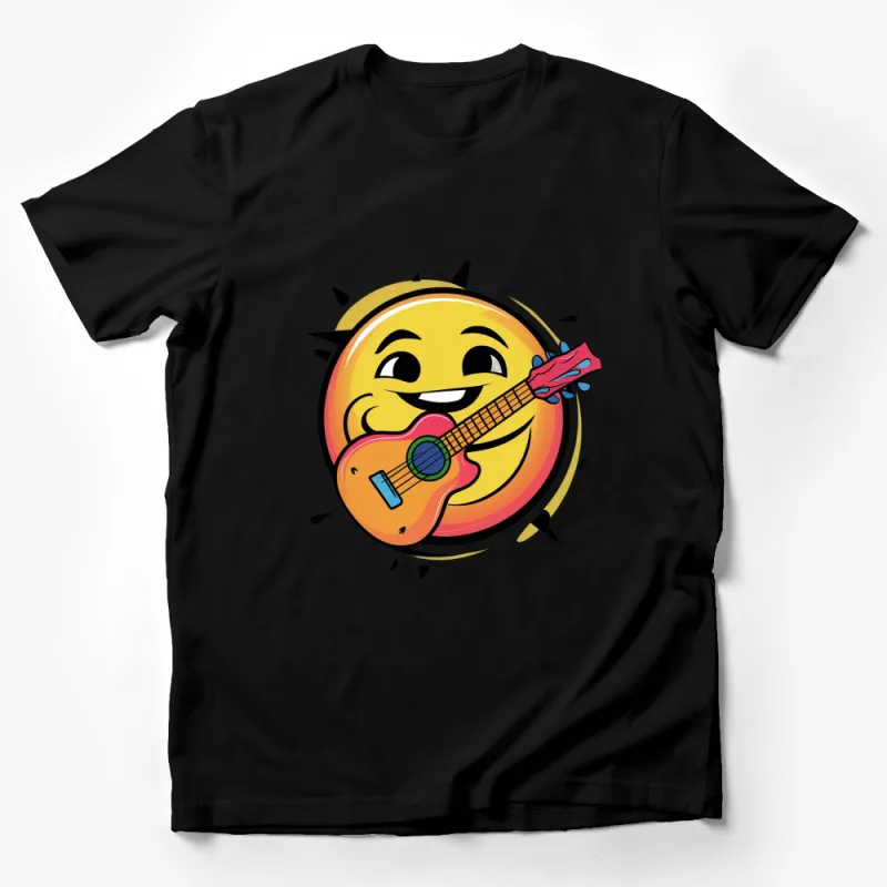 Fun Emoji T-Shirt with Guitar, Yellow Emoji Playing Guitar, Cartoon Musician Tee, Colorful Summer Guitarist Top for All Ages Male T-Shirt