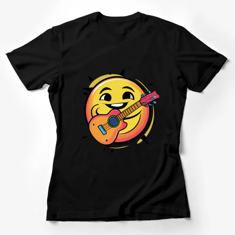 Fun Emoji T-Shirt with Guitar, Yellow Emoji Playing Guitar, Cartoon Musician Tee, Colorful Summer Guitarist Top for All Ages Female T-Shirt