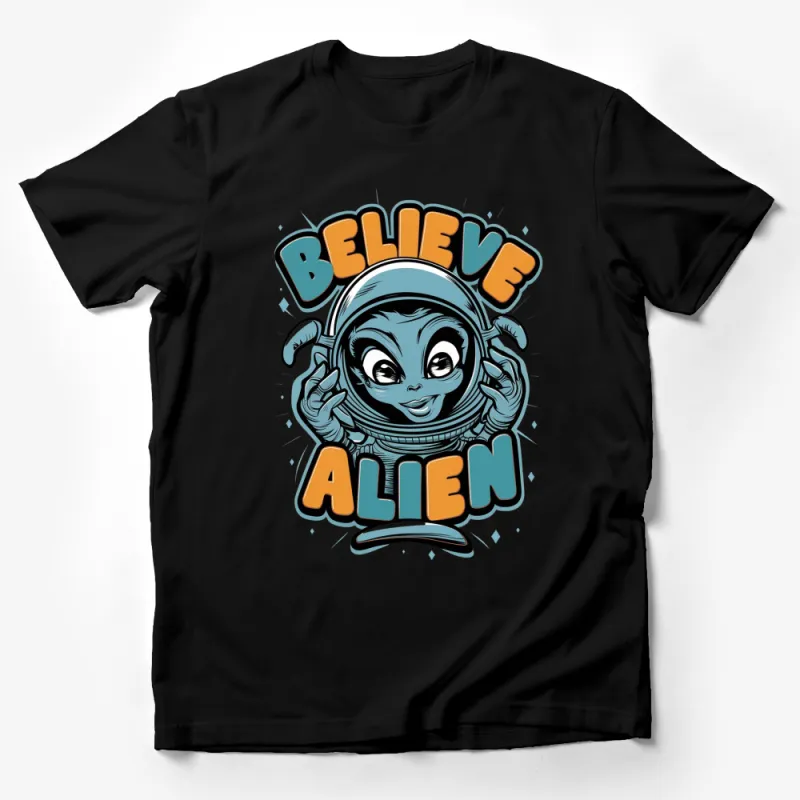 Alien Believe Graphic T-Shirt, Vintage Sci-Fi Style, UFO Enthusiast, Fun and Quirky Outer Space Design Tee Male T-Shirt