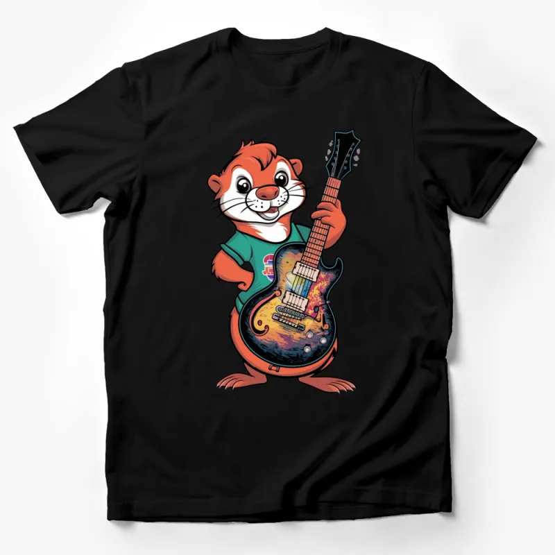 Cartoon Beaver Playing Guitar T-Shirt, Colorful Animal Musician Tee, Unisex Graphic Shirt for All Ages Male T-Shirt