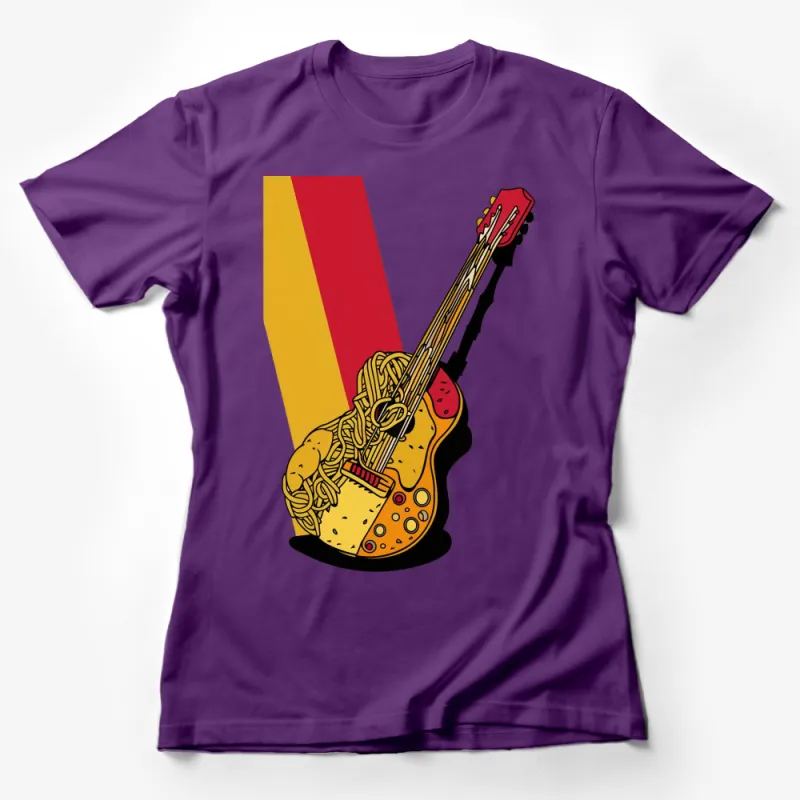 Retro Striped Guitar T-Shirt, Colorful Music Lover Tee, Bold Graphic Shirt, Unique Indie Clothing Female T-Shirt