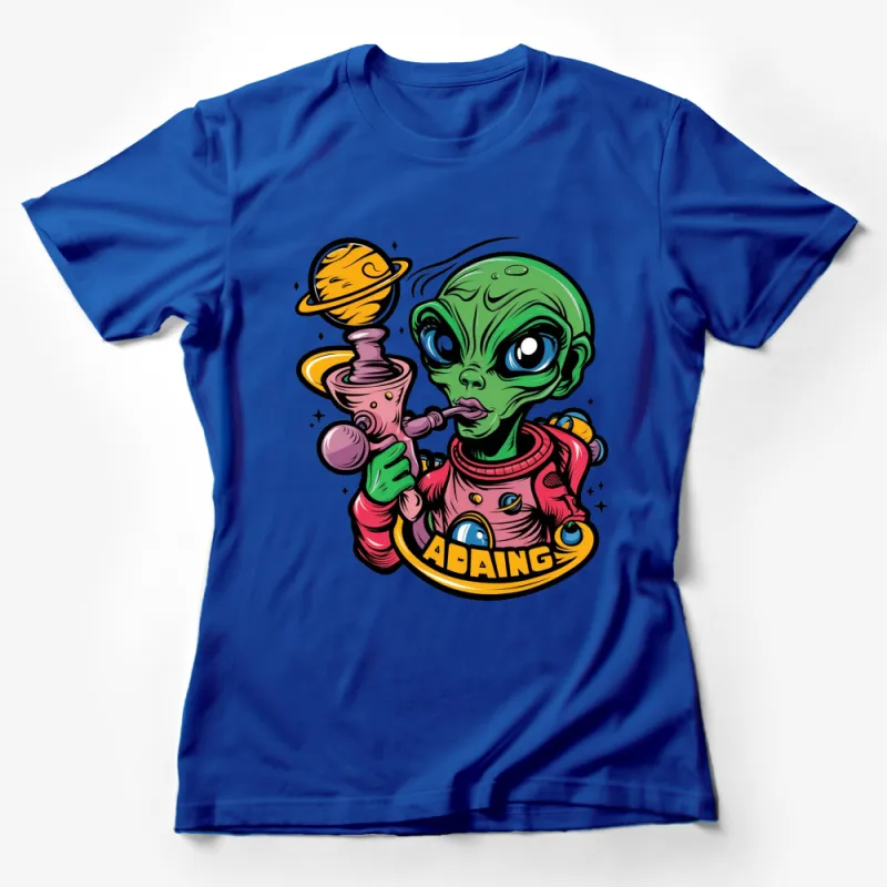 Alien with Hookah Cartoon Graphic Tee, Colorful Space Theme T-Shirt, Fun Extraterrestrial Clothing Female T-Shirt