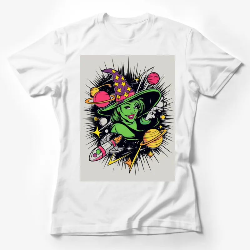 Witch in Space Graphic T-Shirt, Colorful Planets and Rocket, Unique Cosmic Witch Art, Unisex Tee for All Ages Female T-Shirt