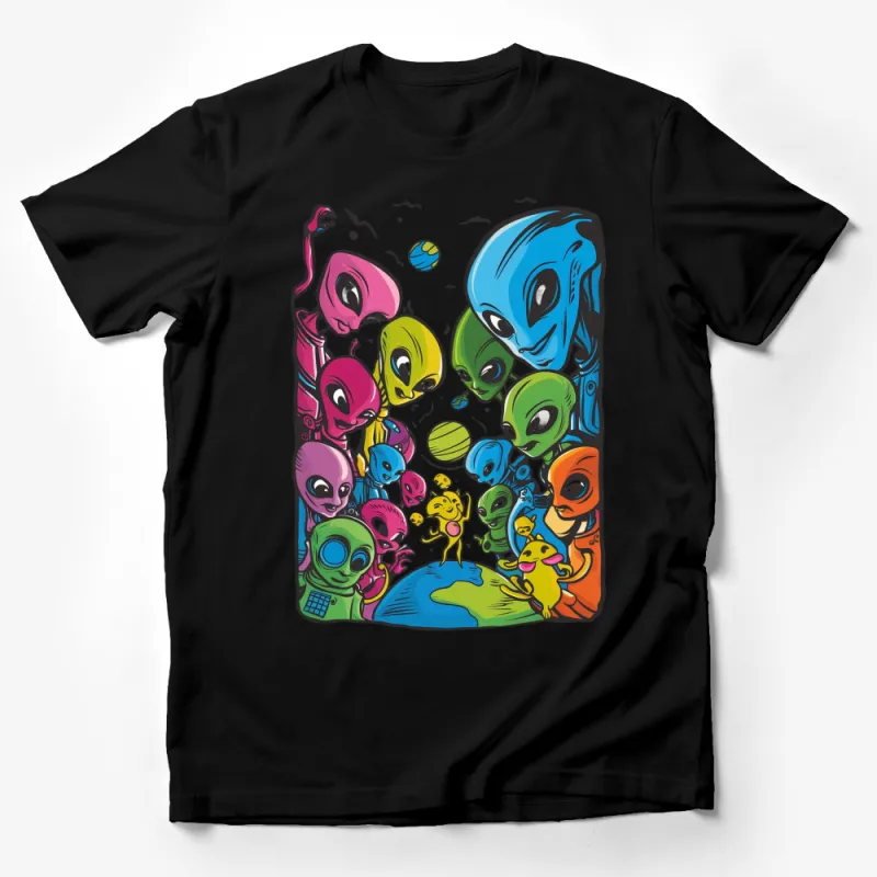 Colorful Alien Gathering Cartoon T-Shirt, Fun Extraterrestrial Friends Tee, Unisex Kids and Adult Sizes Male T-Shirt