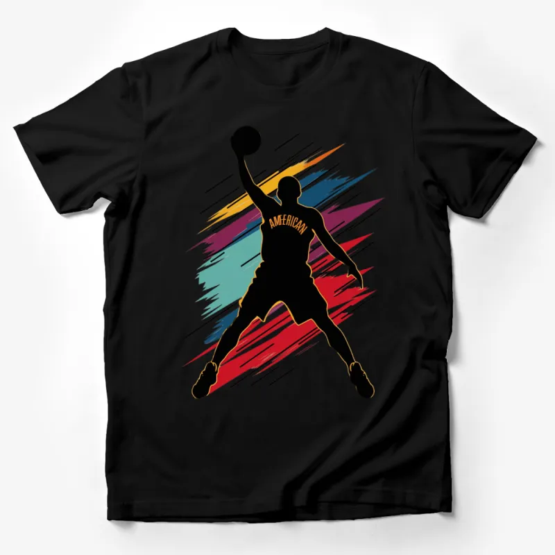 American Basketball Player Silhouette T-Shirt, Colorful Athletic Apparel, Sports Fan Gift Male T-Shirt