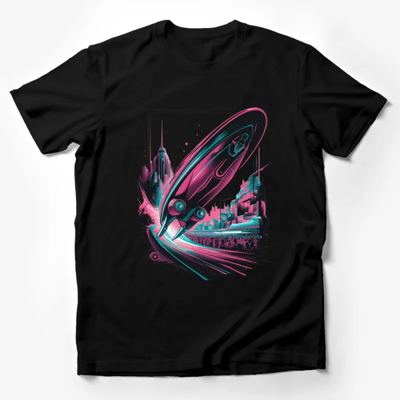 Retro Futuristic Cityscape T-Shirt, Vibrant Neon Graphics, Unisex Casual Wear, Skateboard Design Apparel Male T-Shirt