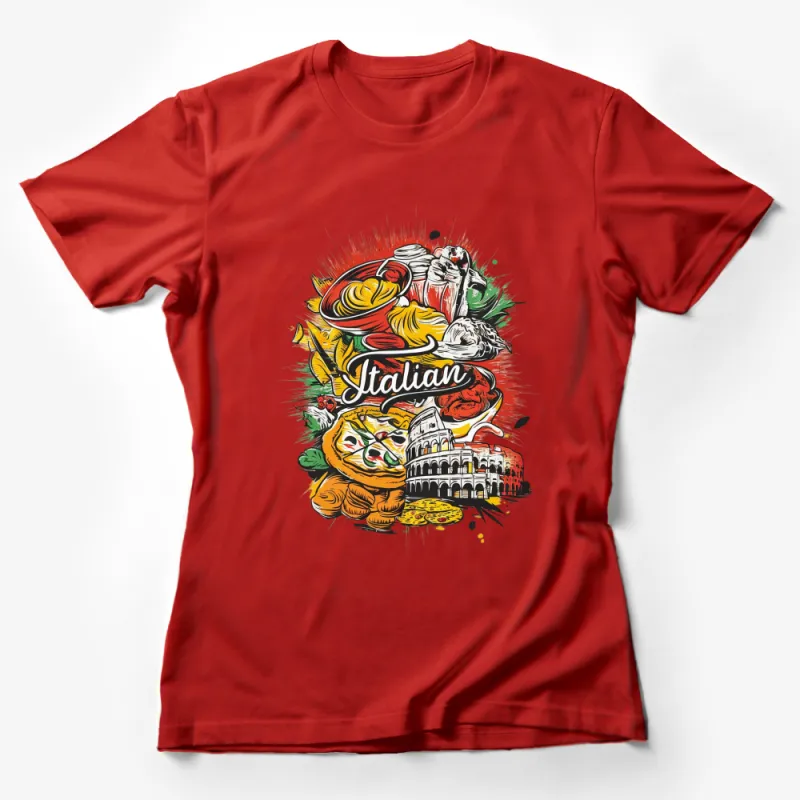 Italian Cuisine and Landmarks Graphic T-Shirt, Colorful Italy Food and Culture Tee Female T-Shirt