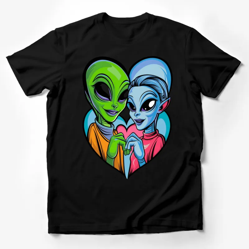 Alien Couple Love Heart Graphic T-Shirt, Cute Extraterrestrial Cartoon Tee, Unisex Male T-Shirt