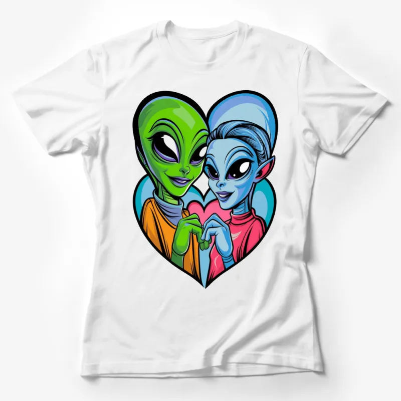 Alien Couple Love Heart Graphic T-Shirt, Cute Extraterrestrial Cartoon Tee, Unisex Female T-Shirt