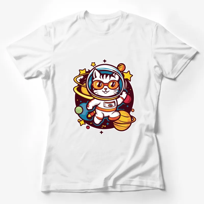 Cute Astronaut Cat T-Shirt, Space Kitten with Planets, Comics Art Tee, Unisex Graphic Shirt for All Ages Female T-Shirt