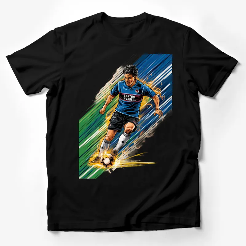 Dynamic Soccer Player T-Shirt, Sports Action Graphic Tee, Colorful Football Player Design, Athletic Apparel Male T-Shirt