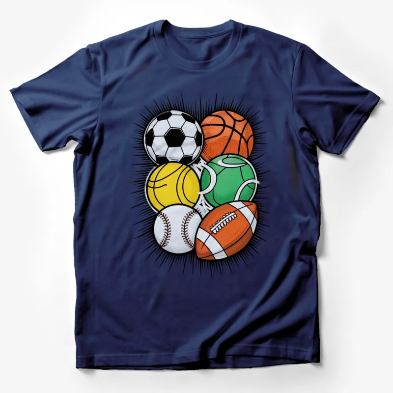 Sports Balls Collage T-Shirt, Colorful Soccer, Basketball, Football Design Tee, Unisex Sports Fan Gift Male T-Shirt