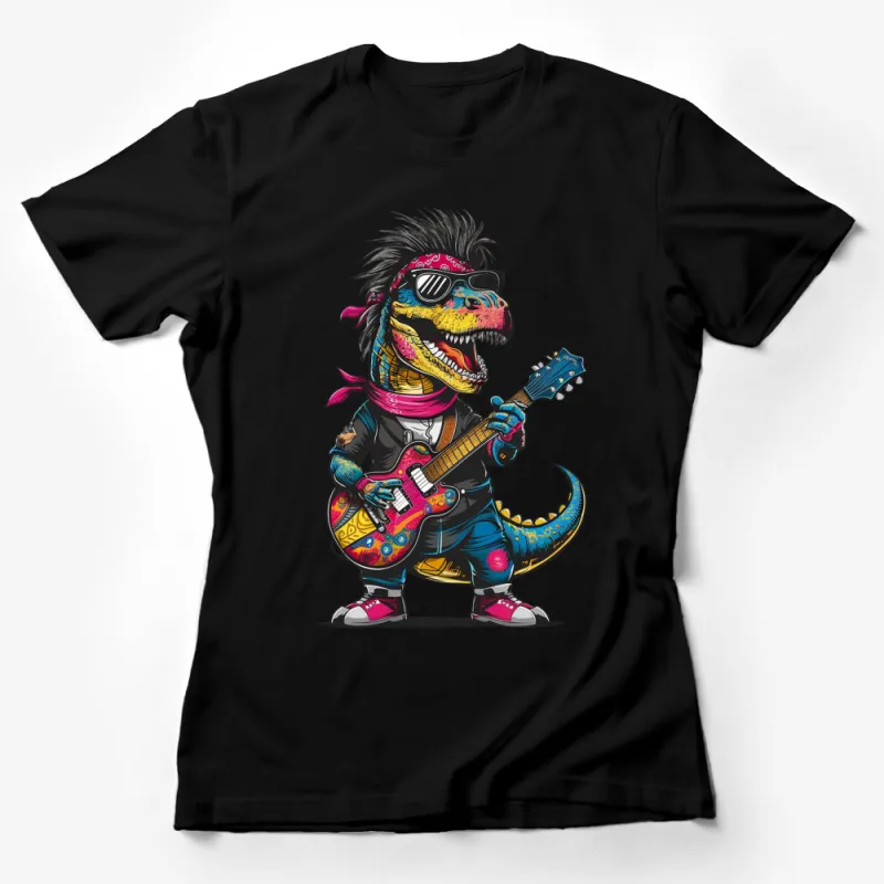 Rock Music Dinosaur T-Shirt, Cool Dino with Guitar, Funny Musician Graphic Tee, Unique Youthful Party Shirt Female T-Shirt