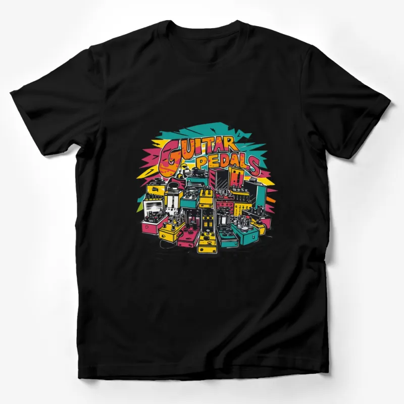 Colorful Guitar Pedals Print T-Shirt for Musicians, Unique Band Gear Graphic Tee, Musician Gift Idea Male T-Shirt