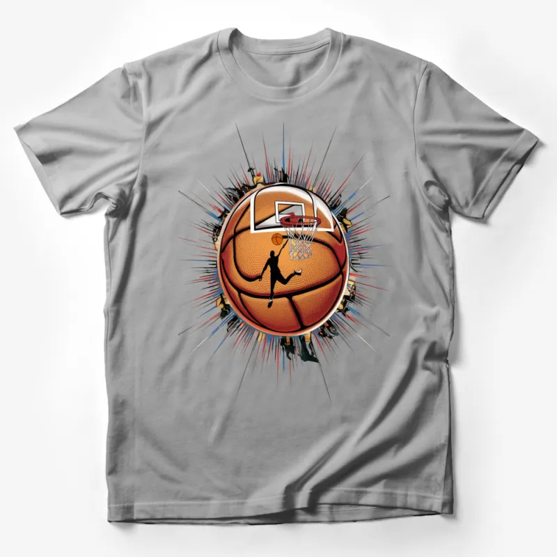 Dynamic Basketball Slam Dunk T-Shirt, Vibrant Sports Graphic Tee, Unisex Basketball Apparel Male T-Shirt