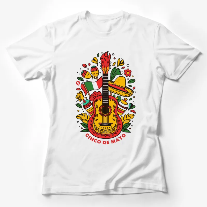 Cinco de Mayo T-Shirt, Mexican Fiesta Guitar and Festive Decor Design, Colorful Celebration Tee Female T-Shirt