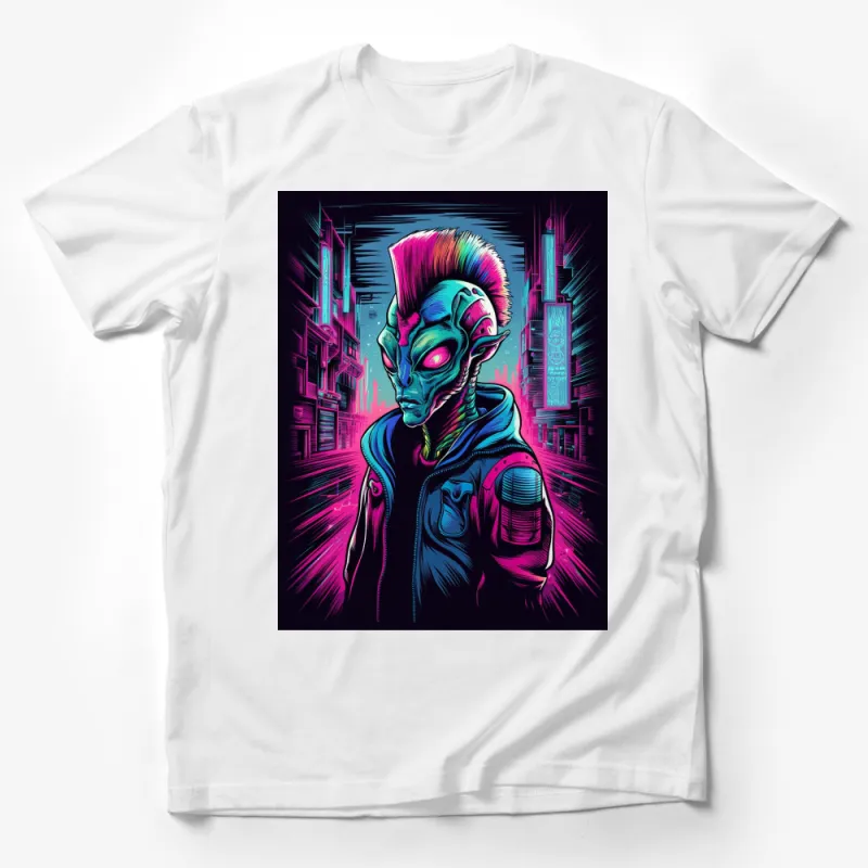 Neon Cyberpunk Alien Graphic Tee, Urban Sci-Fi Extraterrestrial Art, Fashion Streetwear for Men and Women Male T-Shirt