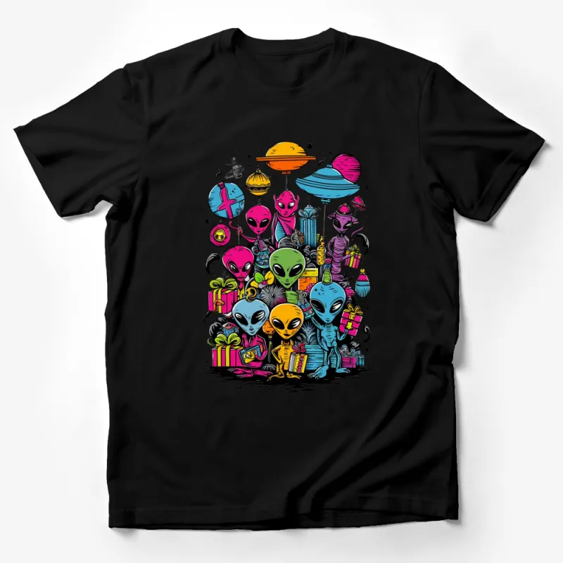 Colorful Alien Party T-Shirt, Cute Extraterrestrial Beings, UFO and Gifts Graphic Tee, Unisex Clothing Male T-Shirt