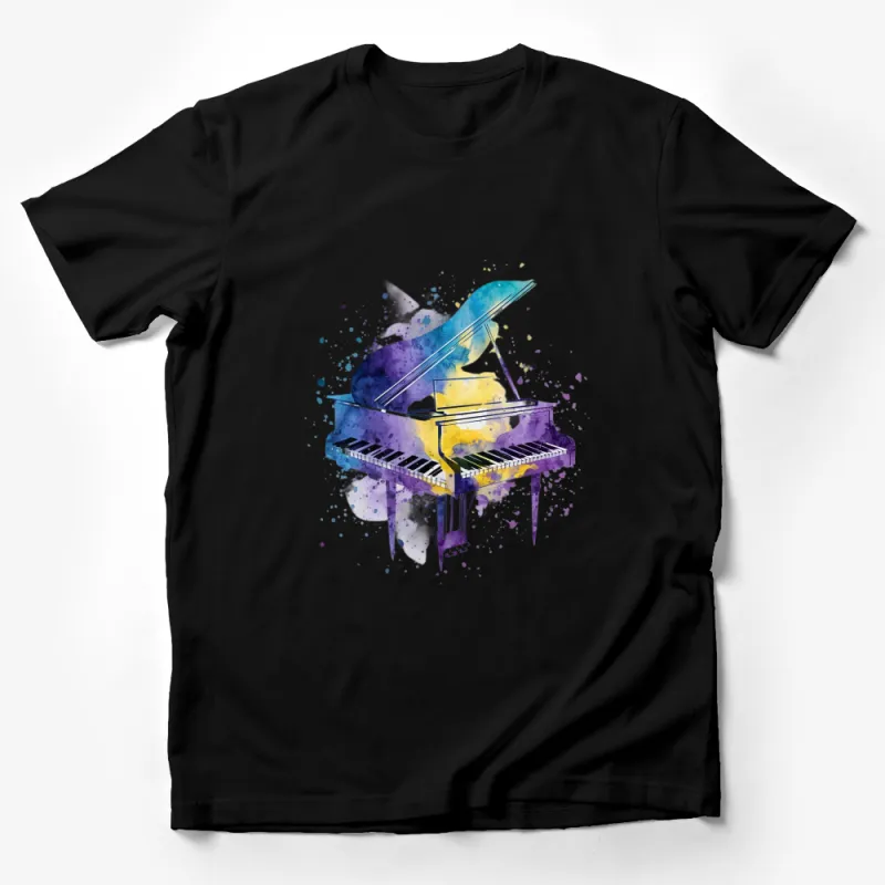 Colorful Watercolor Piano Splash Art T-Shirt, Musical Instrument Artistic Tee, Unique Gift for Music Lovers Male T-Shirt