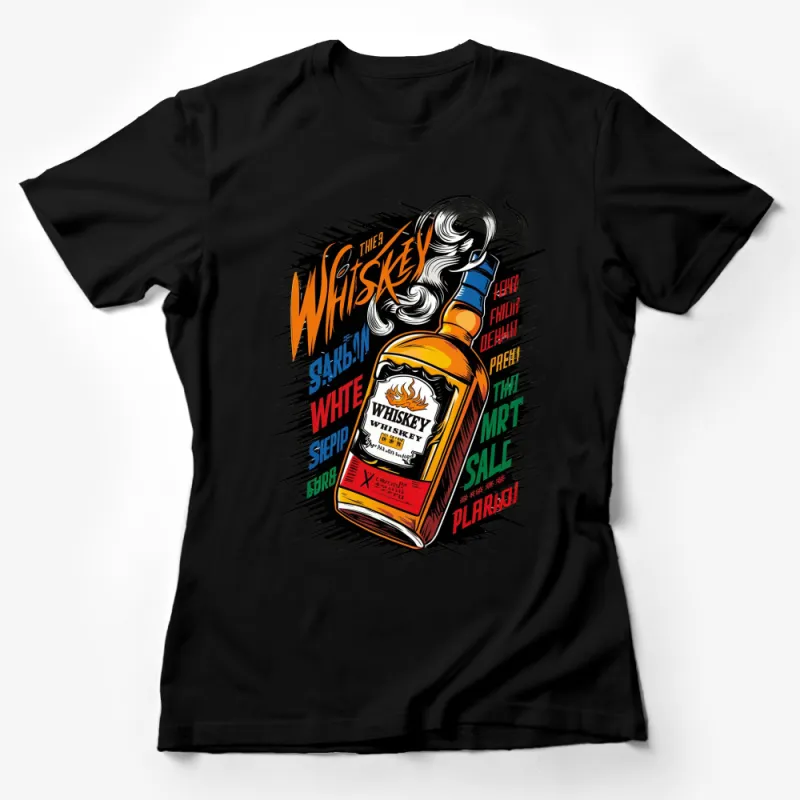 Vintage Whiskey Bottle Graphic T-Shirt, Retro Style Alcohol Tee, Colorful Party Apparel Female T-Shirt