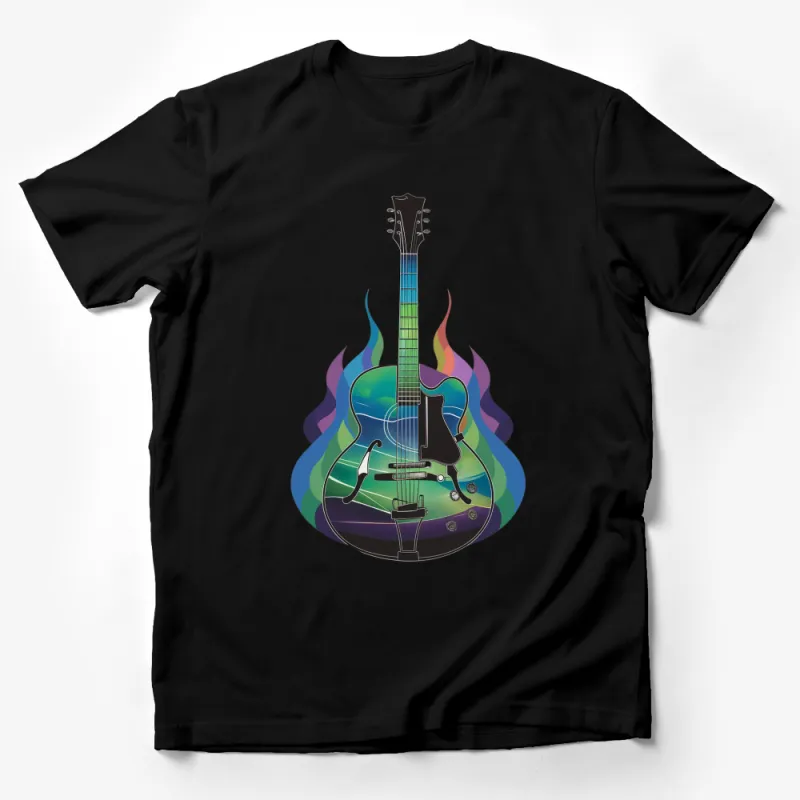 Electric Guitar T-Shirt, Colorful Musical Instrument Tee, Music Lover Gift, Cool Guitar with Flames Male T-Shirt