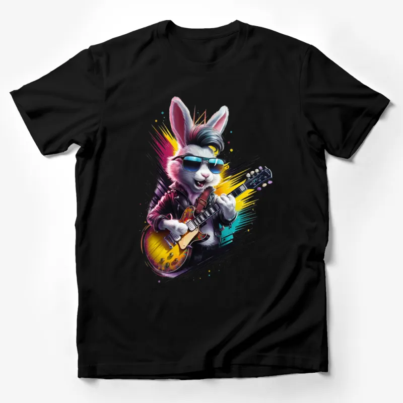 Rockstar Bunny T-Shirt, Colorful Rabbit Playing Guitar, Unique Animal Music Lover Tee Male T-Shirt