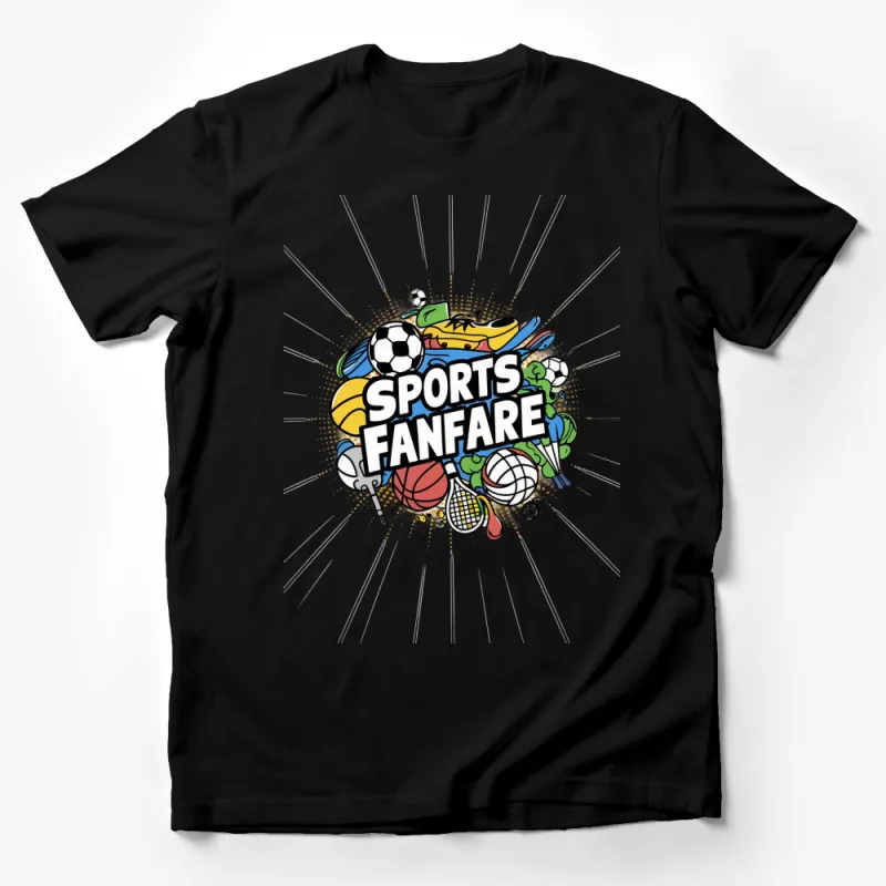 Sports Fanfare T-Shirt, Colorful Athletic Gear Print, Soccer, Basketball, Tennis, Fun Sporty Tee for All Male T-Shirt