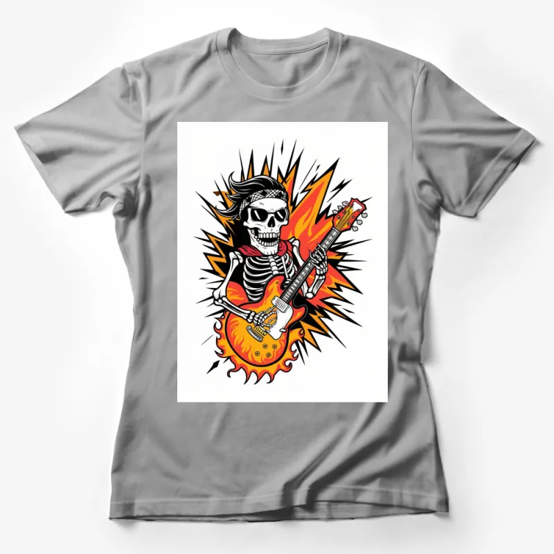 Rock Skeleton Guitar Fire Graphic T-Shirt, Cool Musician Skull Tee, Unisex Rocker Shirt Female T-Shirt