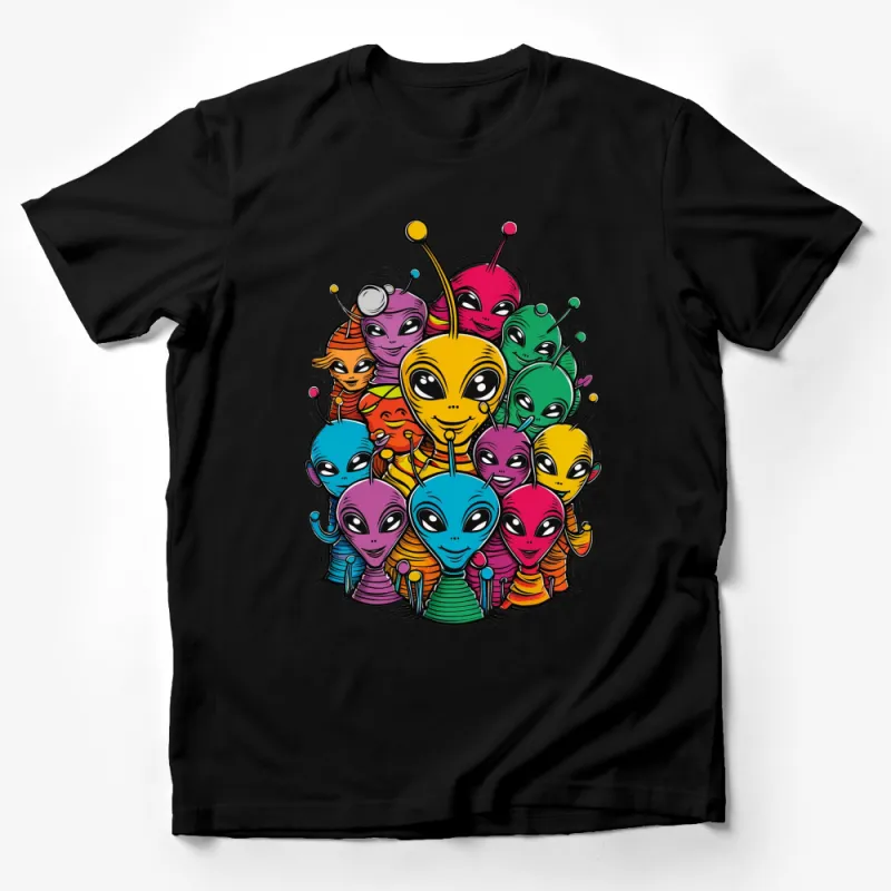 Colorful Alien Friends Cartoon T-Shirt, Fun Extraterrestrial Family Tee, Space Theme Kids and Adult Apparel Male T-Shirt