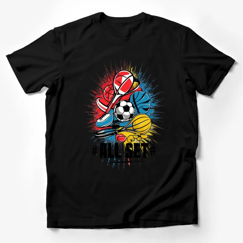 Sports Themed T-Shirt, Colorful Graphic All Set, Basketball Soccer Football Design Male T-Shirt