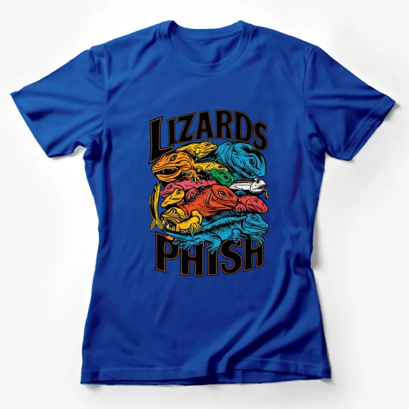 Colorful Lizards Phish Graphic T-Shirt, Unique Artwork Tee, Fun Animal Shirt, Music Fan Apparel Female T-Shirt