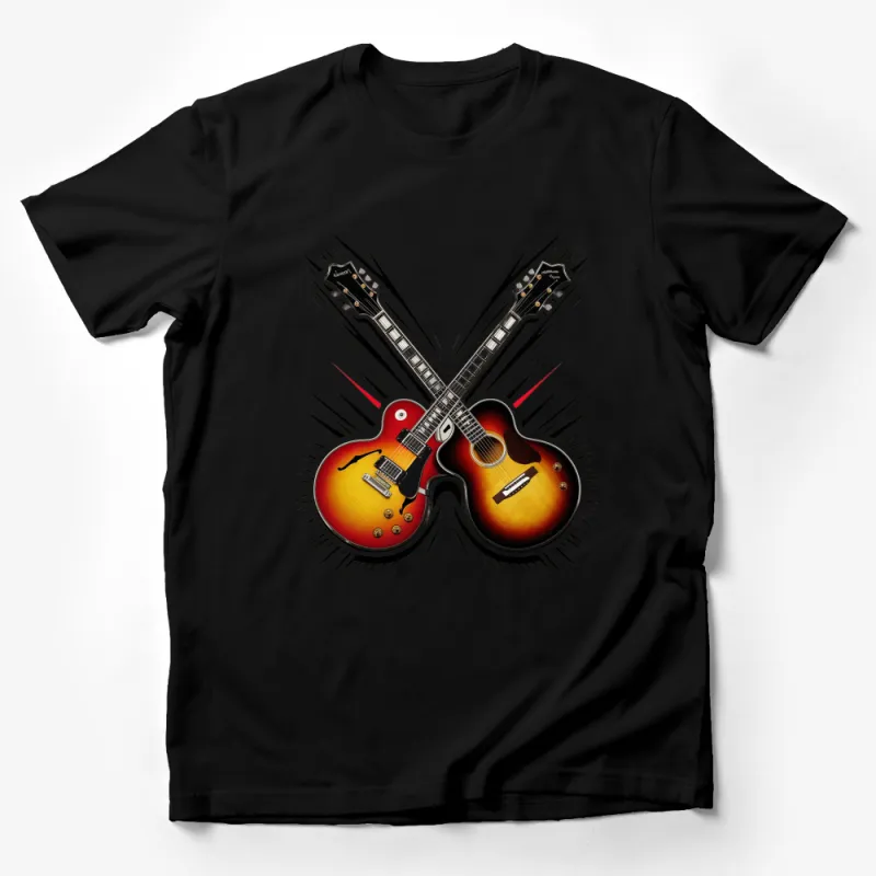 Electric and Acoustic Guitar Crossed T-Shirt, Music Lover Gift, Rock and Roll Inspired Graphic Tee, Unisex Male T-Shirt