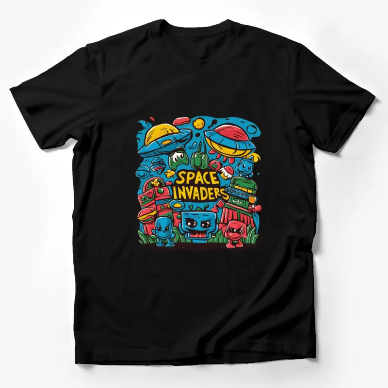 Colorful Space Invaders Cartoon T-Shirt, Alien Characters Graphic Tee, Retro Video Game Design Shirt Male T-Shirt