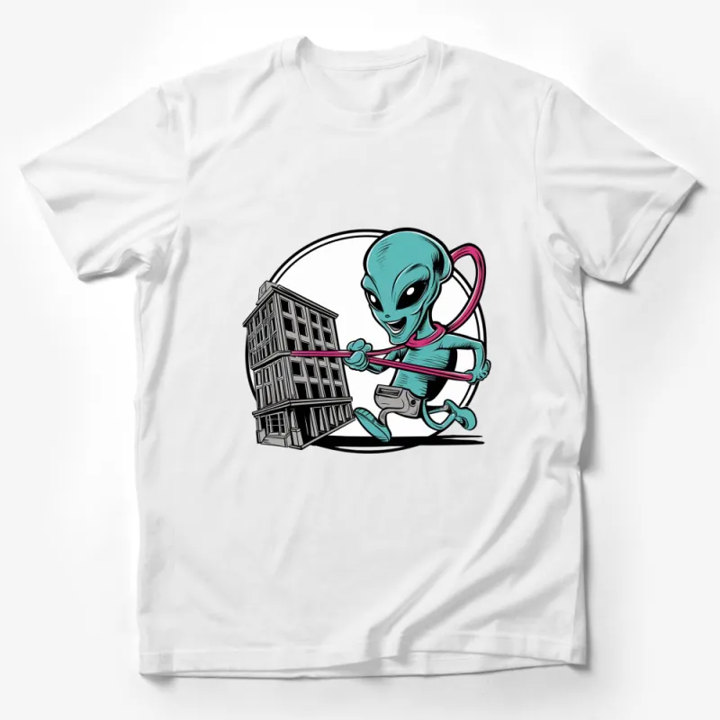 Funny Alien Cartoon T-Shirt, Alien Pulling Building, Unique Sci-Fi Graphic Tee, Unisex Adult Clothing Male T-Shirt