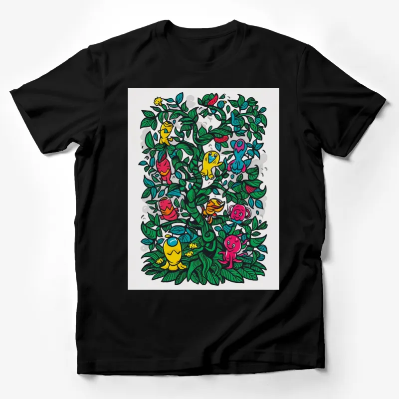 Colorful Monsters in Jungle Vines Graphic T-Shirt, Unique Artistic Design, Unisex Adult Clothing Male T-Shirt