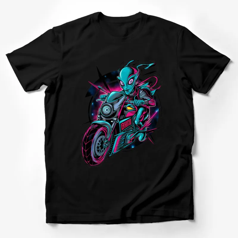 Alien Biker Graphic T-Shirt, Retro Sci-Fi Motorcycle Rider, Neon Colors, Unisex Tee, Space Themed Outfit, Casual Wear Male T-Shirt