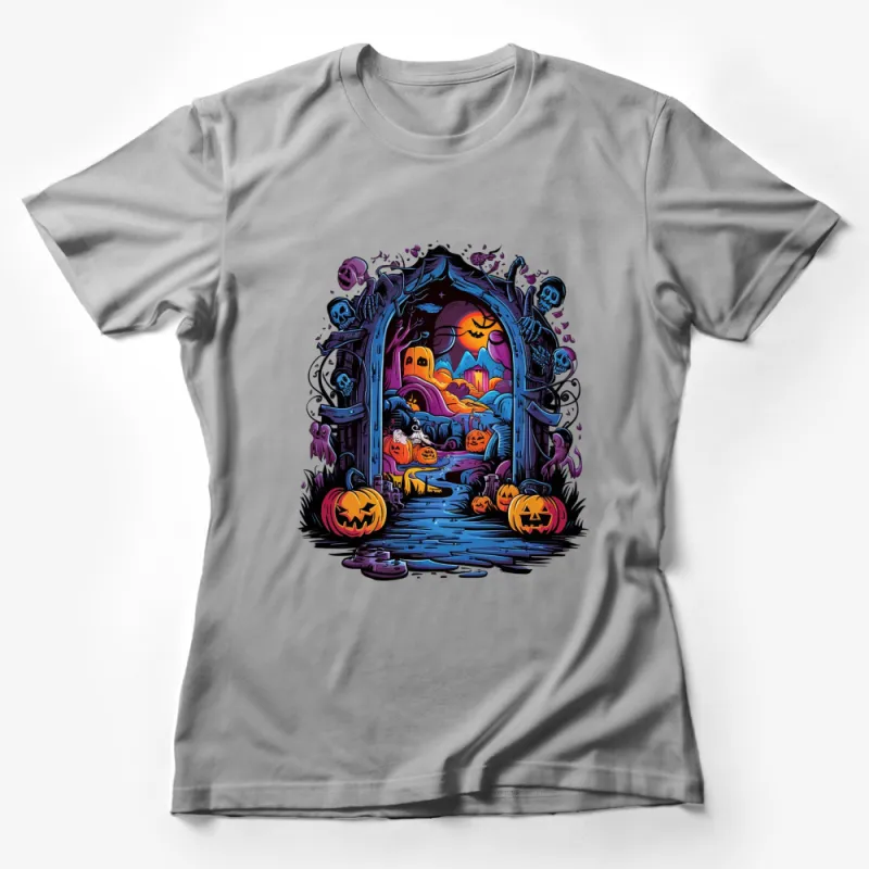 Spooky Halloween Pumpkin Archway Gothic Horror Graphic T-Shirt, Moonlit Night, Festive Fall Wear Female T-Shirt