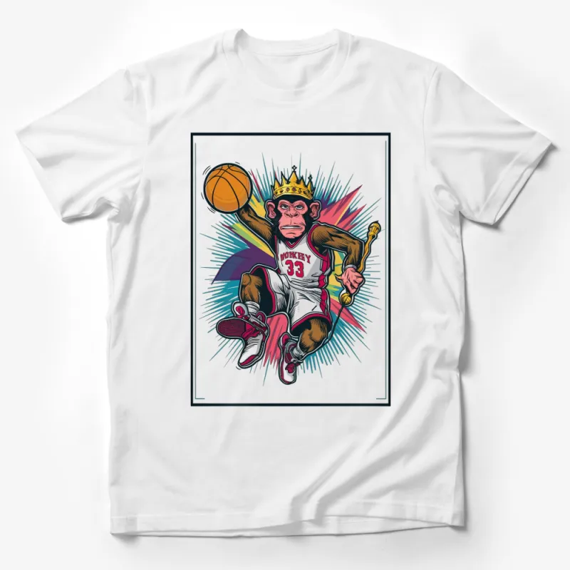 King Monkey Basketball Player Cartoon Graphic T-Shirt, Funky Animal Sports Tee, Unique Athletic Apparel, Gift Idea Male T-Shirt