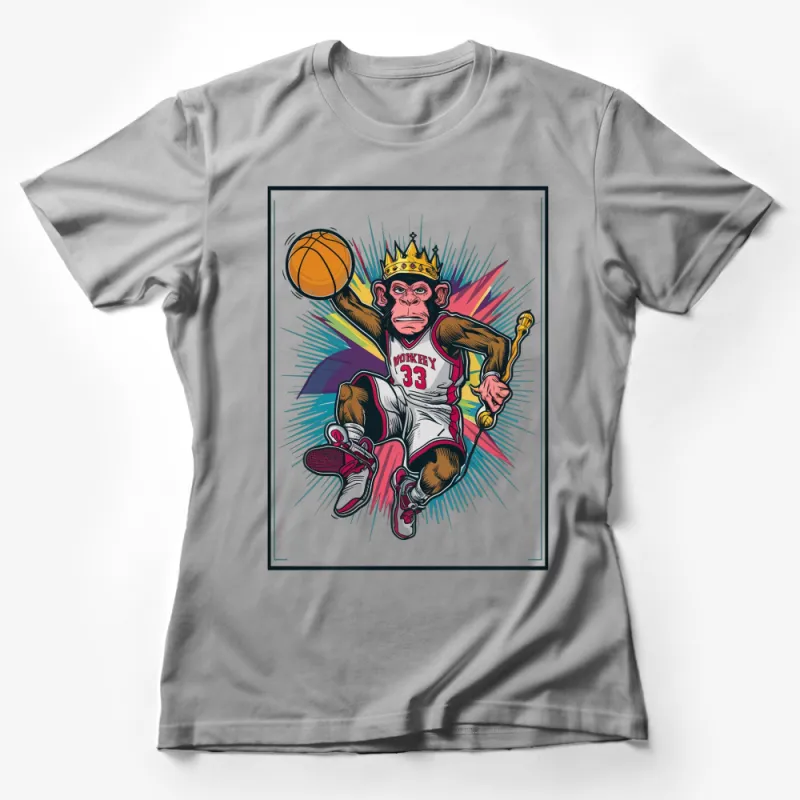 King Monkey Basketball Player Cartoon Graphic T-Shirt, Funky Animal Sports Tee, Unique Athletic Apparel, Gift Idea Female T-Shirt