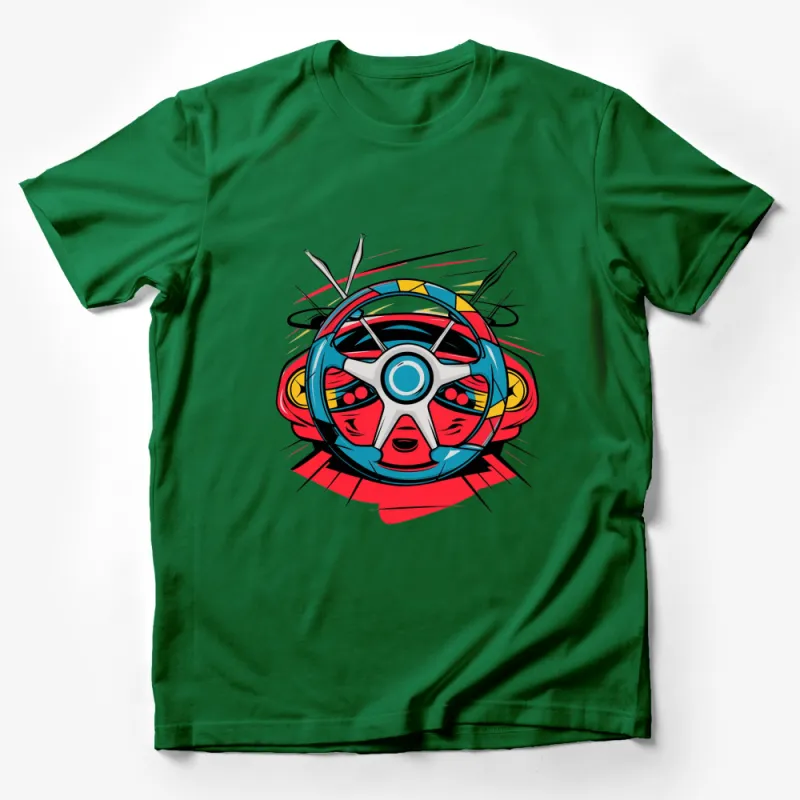 Colorful Steering Wheel Design T-Shirt, Funky Art Car Lover Tee, Unique Gift for Car Enthusiasts Male T-Shirt