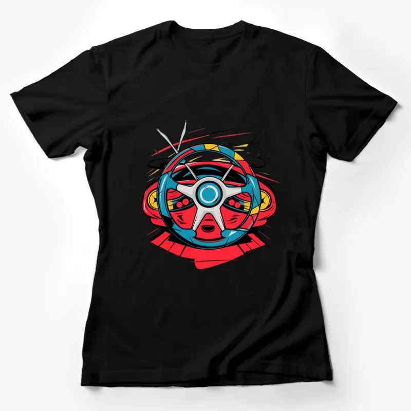 Colorful Steering Wheel Design T-Shirt, Funky Art Car Lover Tee, Unique Gift for Car Enthusiasts Female T-Shirt