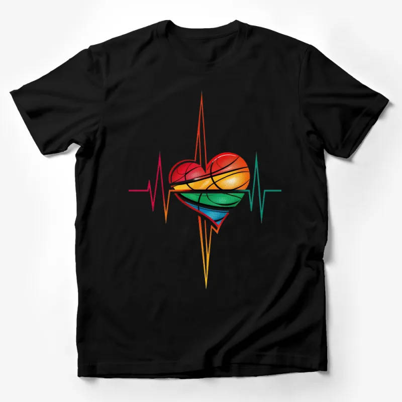 Colorful Basketball Heartbeat Graphic T-Shirt, Sports Enthusiast Casual Wear, Unisex Tee Male T-Shirt