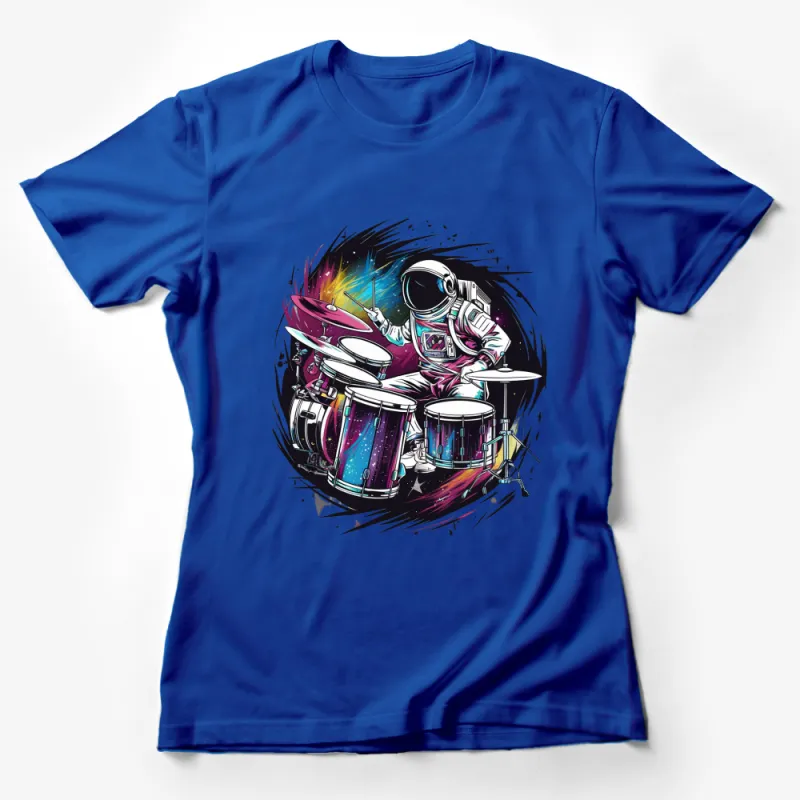 Astronaut Drummer T-Shirt, Colorful Space Musician Graphic Tee, Unisex Modern Art Shirt Female T-Shirt