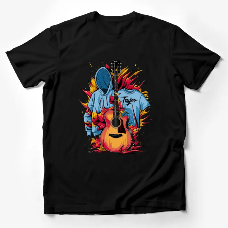 Fiery Guitar Print T-Shirt, Music Lover Graphic Tee, Colorful Rocker Style Apparel, Unique Gift for Guitarists Male T-Shirt