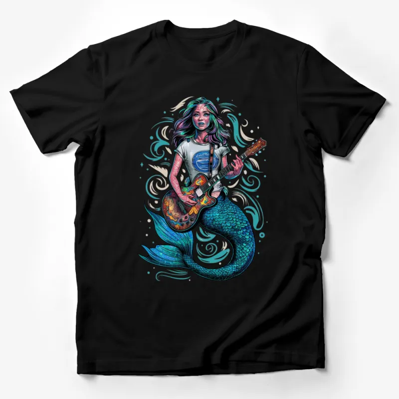 Mermaid Guitarist T-Shirt, Colorful Fantasy Art Tee, Unique Siren Rock Music Lovers Gift, Vibrant Fashion Top Male T-Shirt