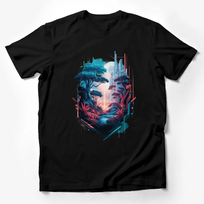 Vibrant Jungle and City Futuristic Art T-Shirt, Unisex Graphic Tee, Unique Cyber Nature Design Male T-Shirt